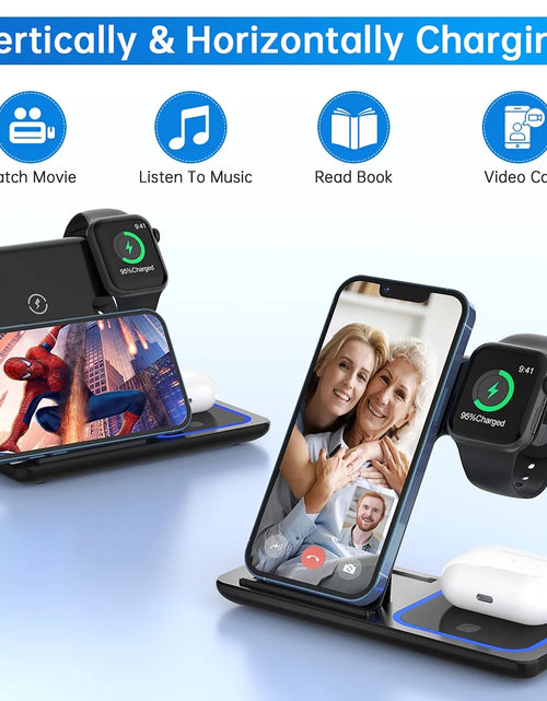 Load image into Gallery viewer, 2024 Upgraded Wireless Charging Station, 18W 3 in 1 Charger Station, Fast Charging Dock Stand for Iwatch Series 10/9/8/7/6/SE/5/4/3/2, Compatible with Iphone 16 15 14 13 12 11 Pro/Xs/Samsung &amp; Airpod
