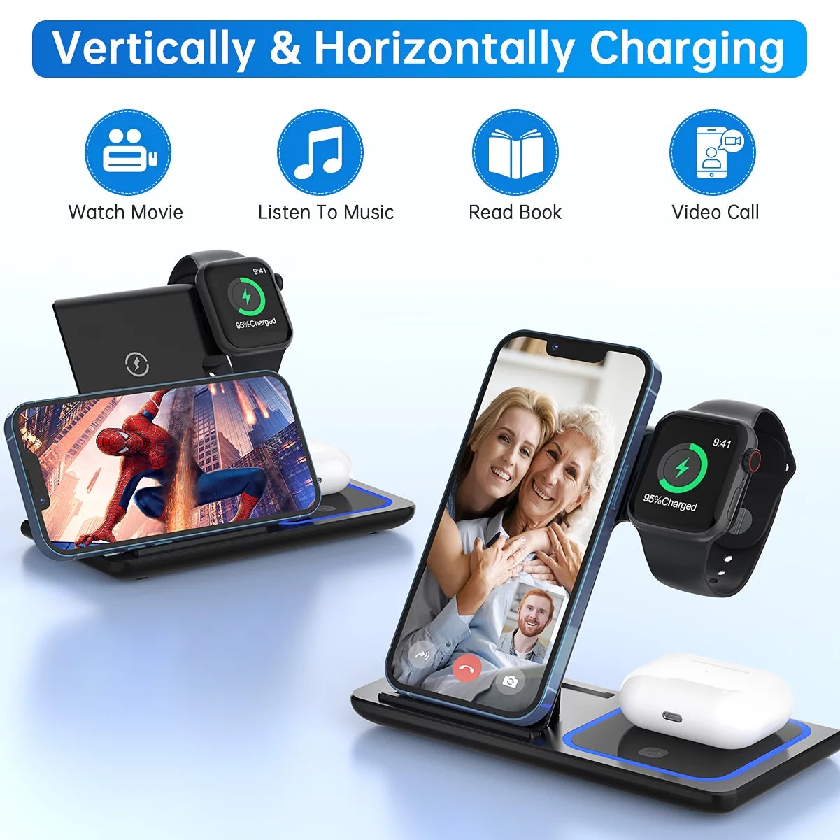 2024 Upgraded Wireless Charging Station, 18W 3 in 1 Charger Station, Fast Charging Dock Stand for Iwatch Series 10/9/8/7/6/SE/5/4/3/2, Compatible with Iphone 16 15 14 13 12 11 Pro/Xs/Samsung & Airpod